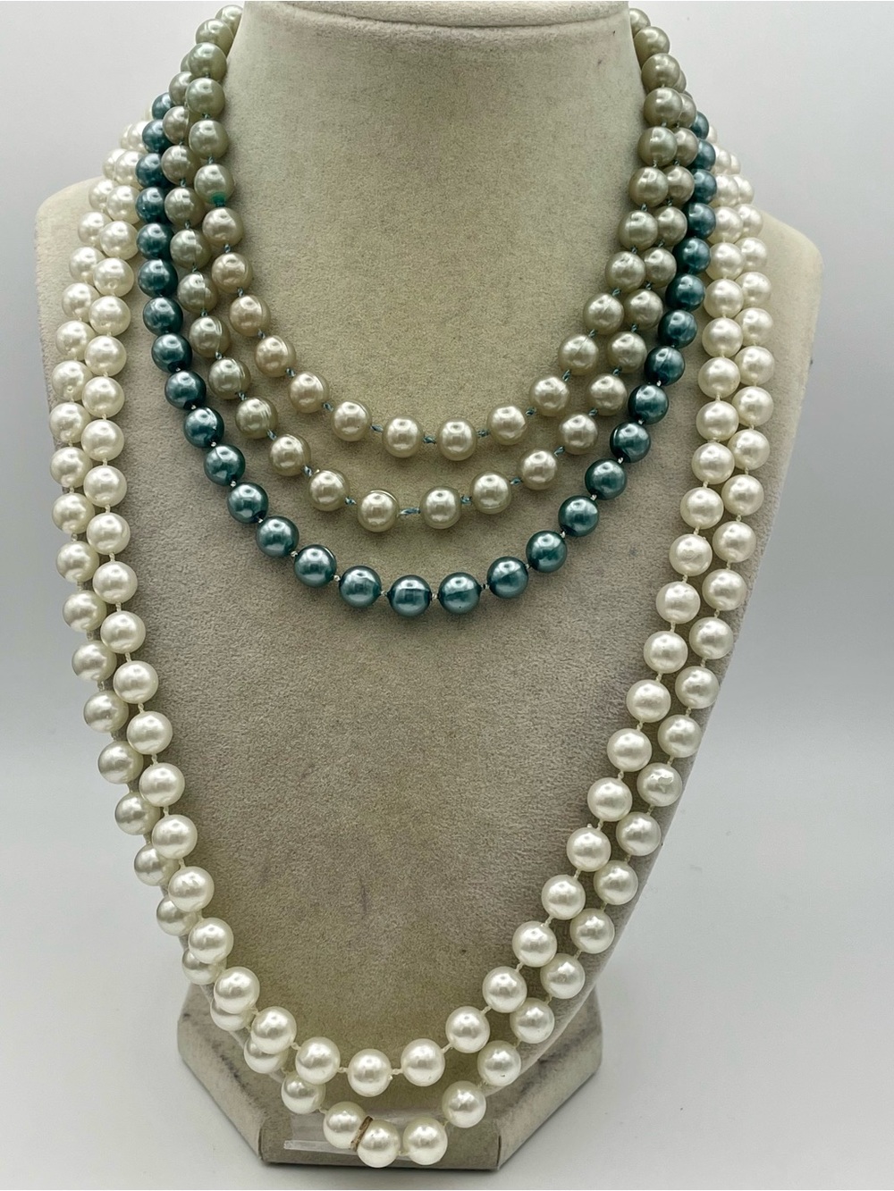 Classic Set of 3 White and Teal Faux Pearl Necklaces. 16, 28, and 46 inches long